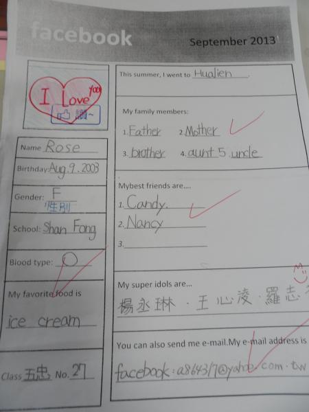 五忠的小朋友~先來練習老師自製的"Facebook學習單"吧^0^